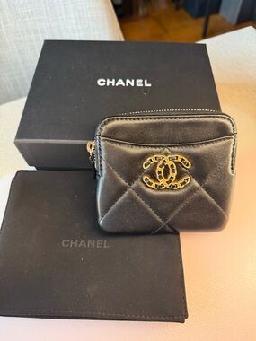 Authentic CHANEL Black Quilted Leather Mini Coin Pouch with Gold CC Charm